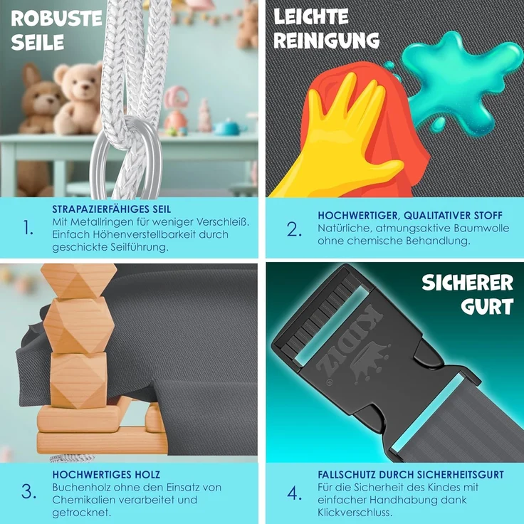 KIDIZ® Babyschaukel Kinderschaukel Schaukelsitz mit Polsterung | Holz-Schaukel mit Anti-Kipp bis 60KG | Höhenverstellbar Indoor & Outdoor | 0,5 - 3 Jahre | Montagezubehör & Sicherheitsgurt Anthrazit – Bild 5