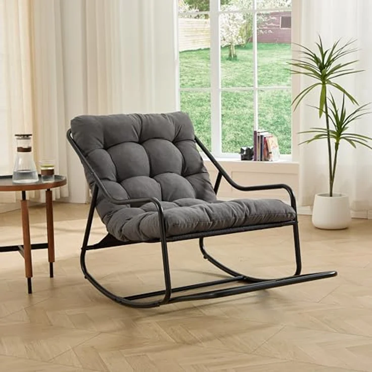 Ball & Cast Schaukelstuhl für Drinnen & Draußen, Rocking Chair mit Gepolstertem Kissen und Fußstütze, Moderner Balkonsessel für Wohnzimmer, Garten & Terrasse, Grau – Bild 4