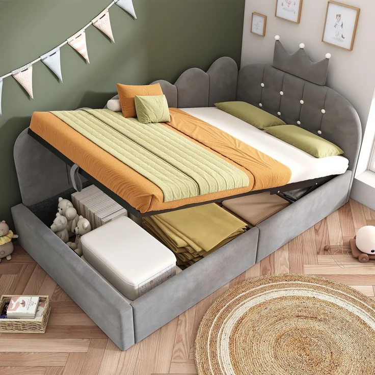FAVSH Sofabett/Einzelbett 90x200 cm, L-Form, Samt, Krone Gitter Design, Niedliches Kronen, Schlafsofa mit Stauraum (hydraulisch), Kinderbett Jugendbett Erwachsenenbett, ohne Matratze, (Grau)