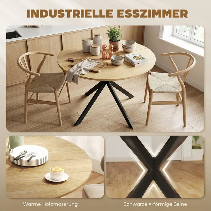HOMCOM Esstisch Küchentisch im Industriestil mit Stahlbeinen für 4 Personen (für Esszimmer, Küche, Wohnzimmer, 1-St, rund, 100 x 100 x 75 cm), Eiche – Bild 4