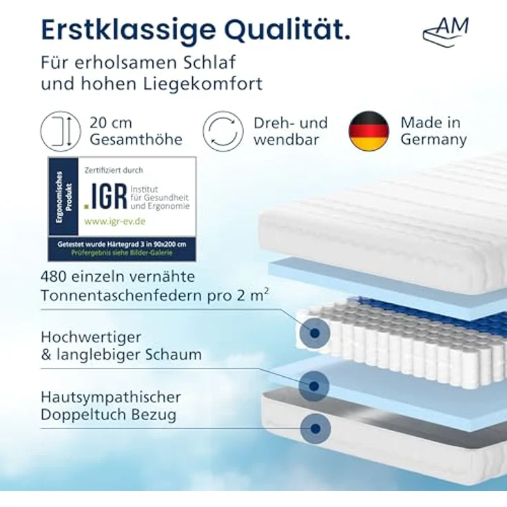 Taschenfederkernmatratze 7-Zonen Federkernmatratze, Orthopädische Matratze, Made in Germany, AM Qualitätsmatratzen, 20 cm hoch, 90x200 cm – Bild 4