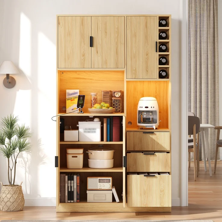 Küchen-Buffetschrank 105x40x180 cm in Natur, mit LED, Steckdosen, 3 Schubladen und Weinregal – Bild 3