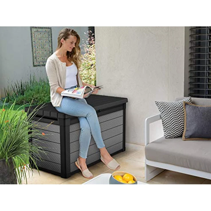 Ambia Garden Kissenbox, Anthrazit/Grau, wetterbeständige Kunststoffbox, 122.9x70.6x62.1 cm, aufklappbarer Deckel, geeignet zum Sitzen, mit Gasdruckfeder – Bild 4