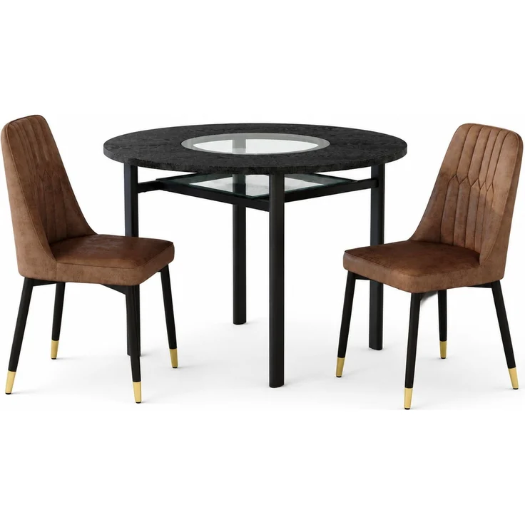 Esstisch-Set 76x100x100 cm Braun/Schwarz mit Glasintarsie, MDF-Tisch und 2 Stühlen – Bild 4