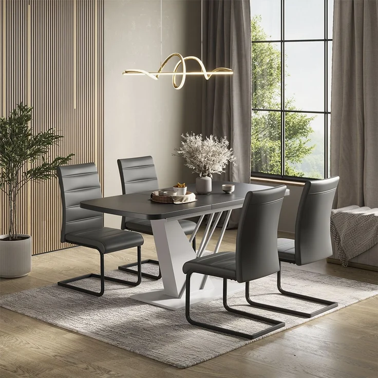 Esstisch-Set Fenaro Schwarz/Weiß 120 x 80 cm mit 4 Esszimmerstühlen, Grau Vicco – Bild 3