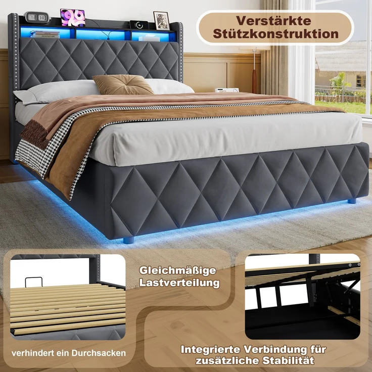 Polsterbett 140x200 cm mit Stauraum, LED und USB-Anschlüssen, Dunkelgrau – Ohne Matratze – Bild 8