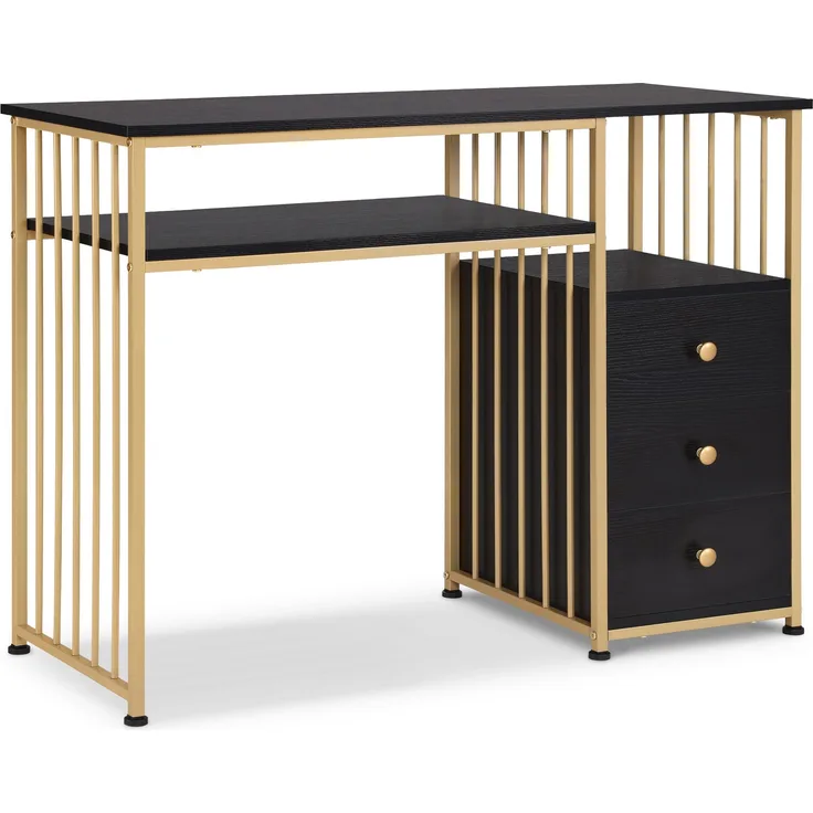 M MCombo Schreibtisch mit Schubladen, Schminktisch ohne Spiegel Schwarz-Gold, Nageltisch aus Holz Metallgestell, Computertisch Wohnzimmer Modern, 45,5 x 109 x 81cm, 2407GBK