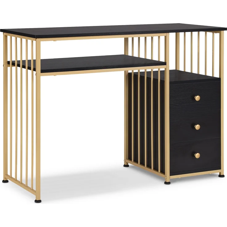 M MCombo Schreibtisch mit Schubladen, Schminktisch ohne Spiegel Schwarz-Gold, Nageltisch aus Holz Metallgestell, Computertisch Wohnzimmer Modern, 45,5 x 109 x 81cm, 2407GBK