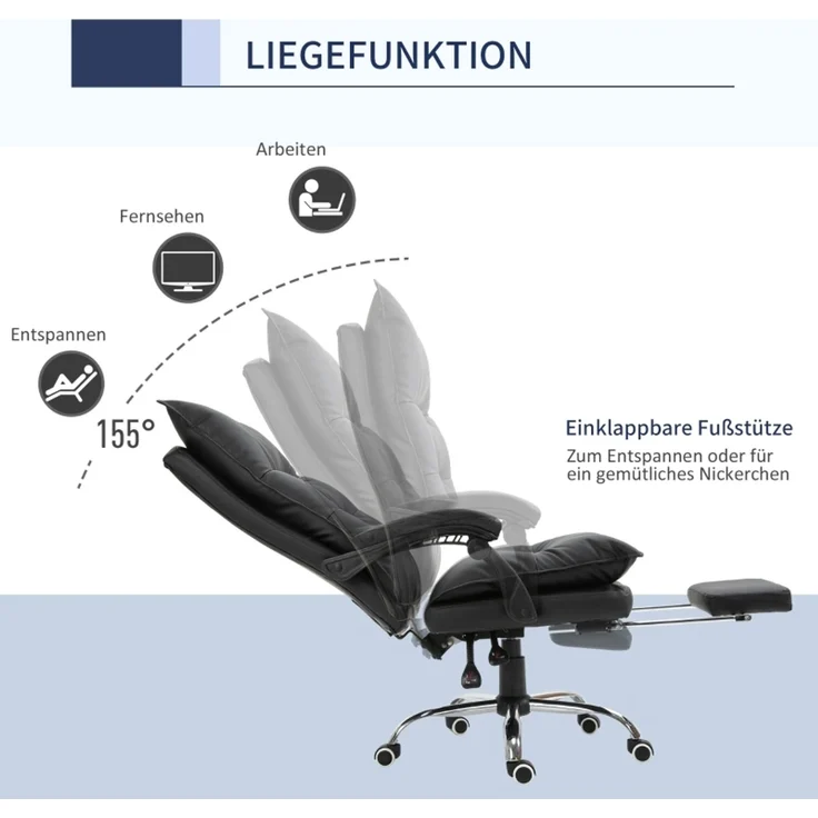 Bürostuhl Schreibtischstuhl höhenverstellbar mit Fußstütze Kunstleder Schwarz 66x72x122-130cm für komfortables Arbeiten--Schwarz--66x72x130cm--YOUDENOVA – Bild 5