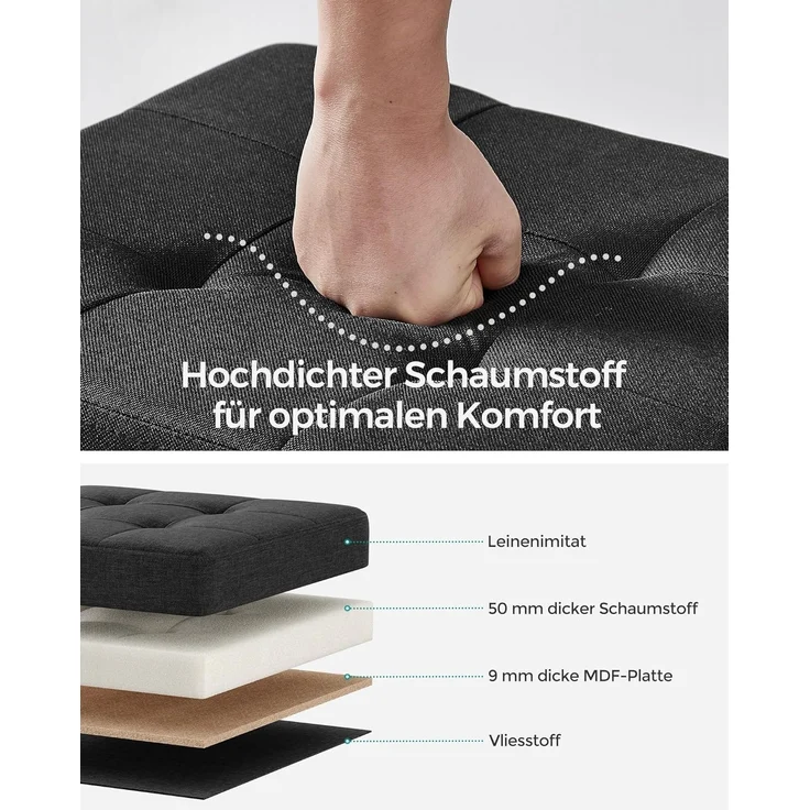 Songmics Sitzbank mit Stauraum, Schuhbank, klappbare Sitztruhe, Aufbewahrungsbox, Fußbank, 38 x 76 x 40 cm, für Wohnzimmer, Schlafzimmer, tintenschwarz LSF016B11 – Bild 4