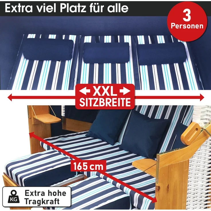 BRAST Strandkorb Usedom 3-Sitzer XXL für 2-3 Personen 165cm breit inkl. wetterfeste Abdeckhaube verstellbare Rückenlehne Fußkissen Hellblau - gestreift – Bild 3