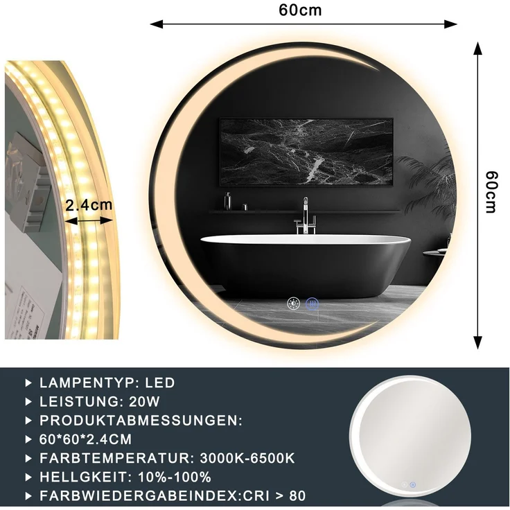 ZMH Runder Badezimmerspiegel mit Beleuchtung – 60 cm runder Wandspiegel LED IP44 runder Badezimmerspiegel mit Touch-Schalter und Antibeschlagfunktion – Bild 2