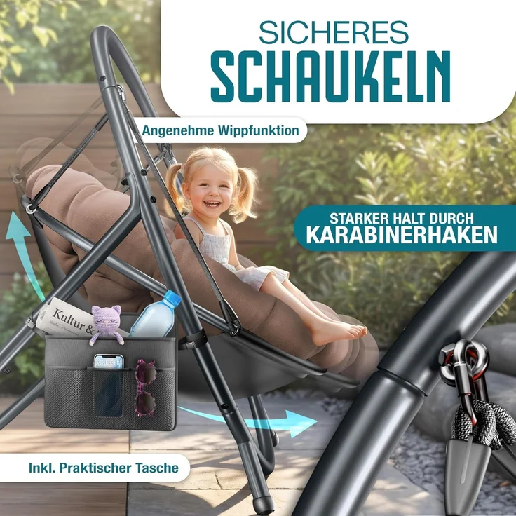 KESSER® Hängesessel mit Gestell BALI Hängeschaukel Hängestuhl bis 150kg für Indoor und Outdoor + Kissen & Seitentasche Hängekorb Stahlgestell & Schaumstoff Sitzpolster ideal für Wohnzimmer & Garten Taupe – Bild 5