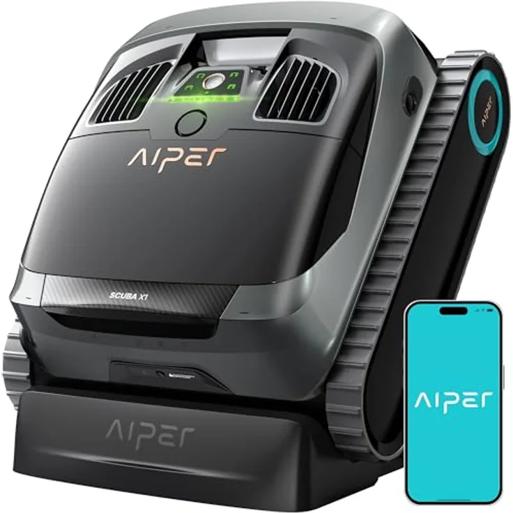 AIPER Scuba X1 Poolroboter mit App, 25200 LPH, Doppel-Auslass, 3 μm Ultra-Feinfiltersystem, Horizontale Wasserlinienreinigung, 4+1 Reinigungsmodi, Kabellose Ladestation, Ideal für Eingelassene Pools