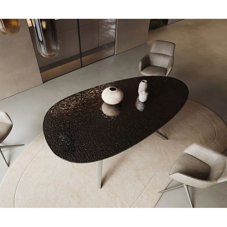Esstisch Edge Oval 220x120 Reliefglas Rauchschwarz 3D-Design Zenthara kantig Metall Effektfinish Titan – Bild 4