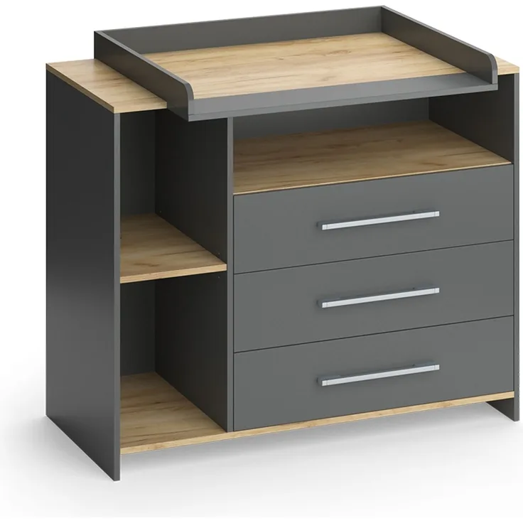 Wickelkommode Oskar Anthrazit/Goldkraft Eiche 113 x 93 cm mit 3 Schubladen Vicco