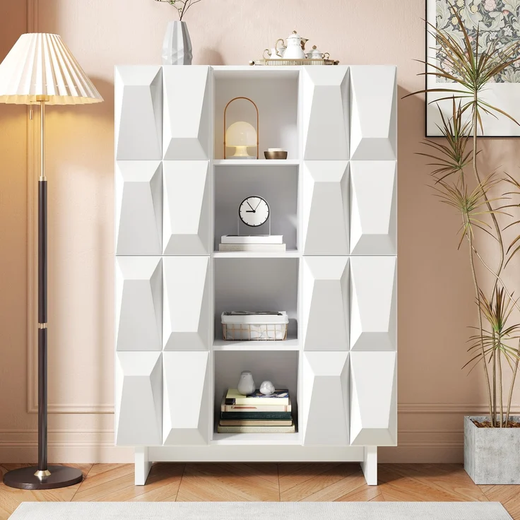 EINHOM Vitrine Schuhschrank Hochschrank Spanplatte Relief 4 Türen 12 Fächer Offene Fächer Wohnzimmer Flur – Bild 4