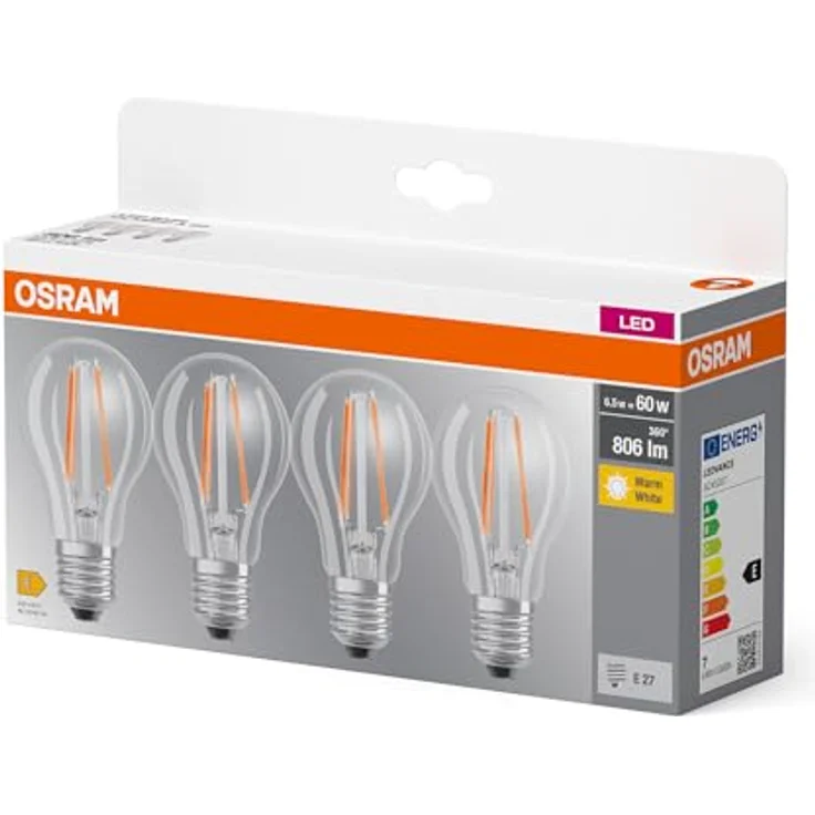 OSRAM LED BASE A60, Vorteilspack mit 40 Leuchtmittel, ersetzt herkömmliche 60W Glühbirnen, 6.5W, warmweiß (2700K), Filament Glas, nicht dimmbar, Birnenform, E27 – Bild 4