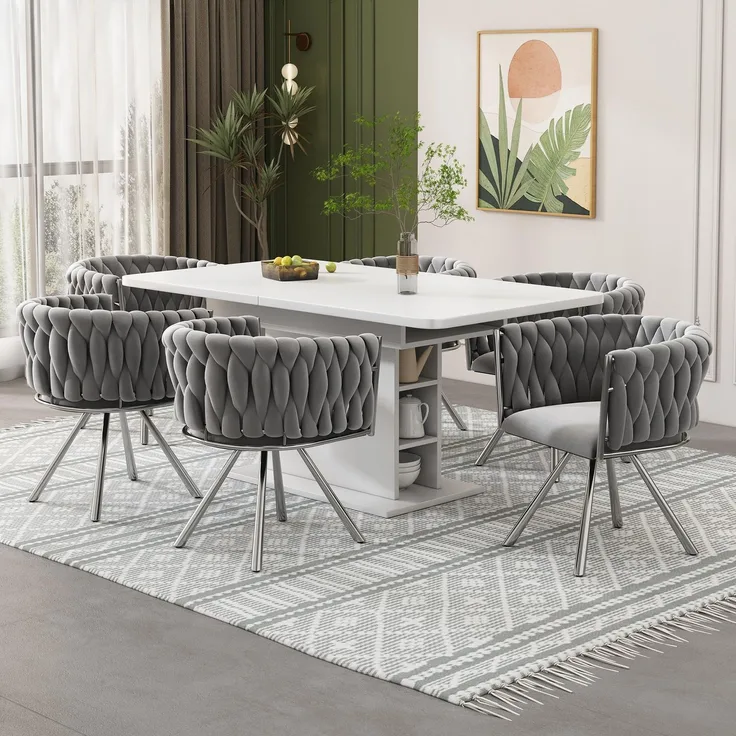 FAVSH Drehstühle Esszimmer 4er Set, Moderne Armlehnstühle aus Samt mit Metallgestell, 360° drehbare Küchenstühle mit bequemer Polsterung, Stühle für Wohnzimmer Schlafzimmer Esszimmer, Grau+Silber