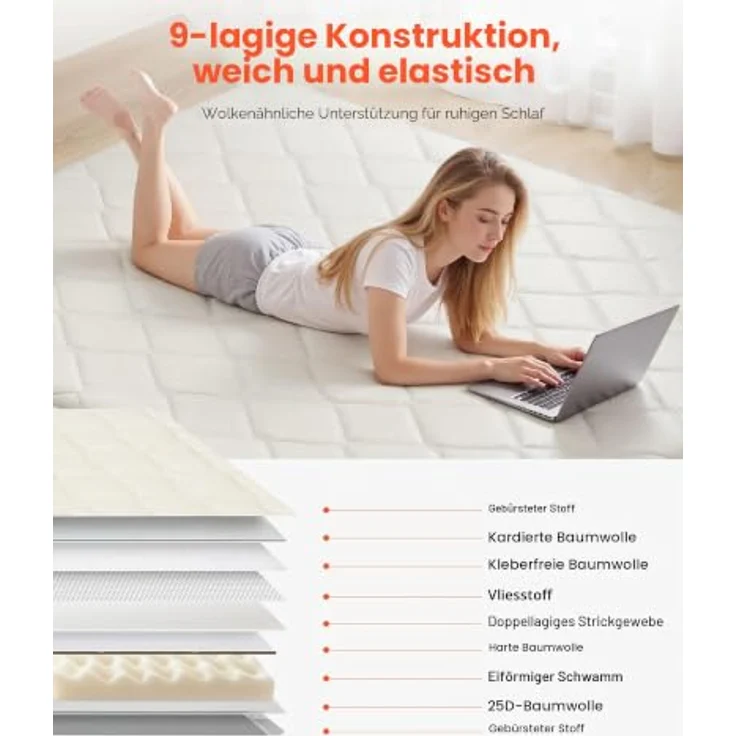 VEVOR japanische Futon-Matratze (2032 x 1524 x 63,5 mm), Faltbare Tatami (Queen Size), Bodenmatratze mit Aufbewahrungstasche & Befestigungsmaterial, 9-lagige Schlafmatte für Meditation Yoga, Weiß – Bild 3