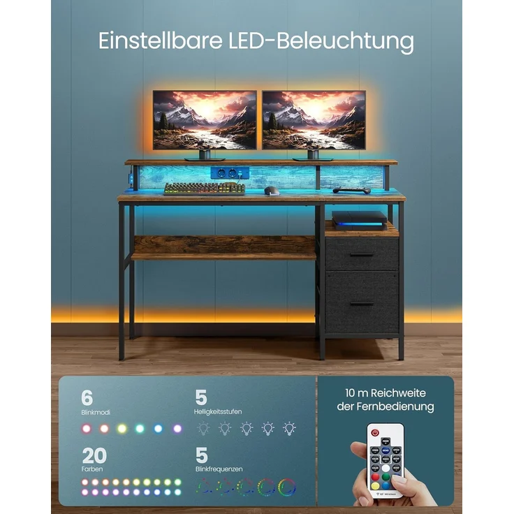 VASAGLE Schreibtisch mit Stoff-Schubladen, Computertisch mit Monitorständer, LED-Beleuchtung, 55 x 135 x 90 cm, eingebaute Steckdosen, 2 USB-A-Anschlüsse, für Homeoffice, vintagebraun LWD094K02 – Bild 4