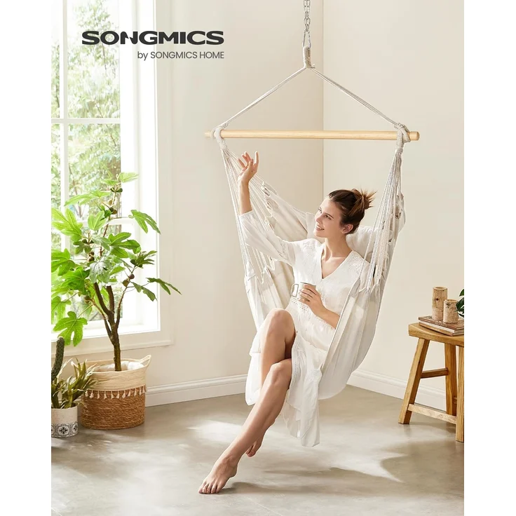 SONGMICS Hängesessel, Hängeschaukel, Hängestuhl mit 2 Kissen, Metallkette, bis 150 kg belastbar, Indoor und Outdoor, Wohnzimmer, Schlafzimmer, cremeweiß GDC187M01 – Bild 2
