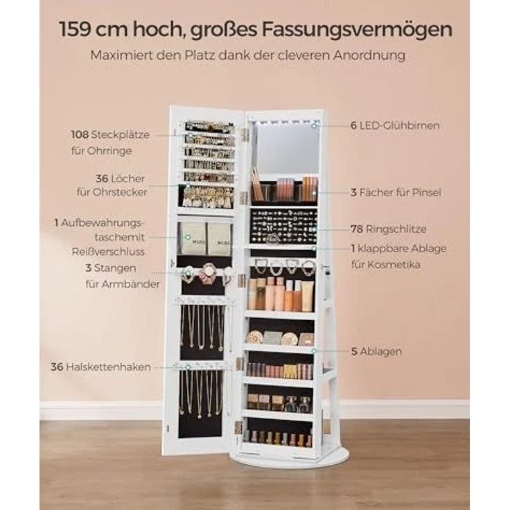 SONGMICS Schmuckschrank mit LED-Beleuchtung und Spiegel, Spiegelschrank, abschließbar, Spiegel mit Rahmen, einstellbare Helligkeit, platzsparend, Geschenkidee, wolkenweiß JJC008W03 – Bild 5