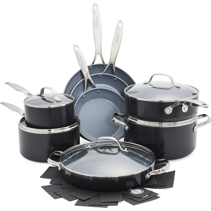 GreenPan Valencia Pro Harteloxiertes, gesundes, keramisches Non-Stick 16-teiliges Topf- und Pfannenset, Kochgeschirrset, PFAS-frei, Induktion, spülmaschinenfest, backofenfest, grau – Bild 1