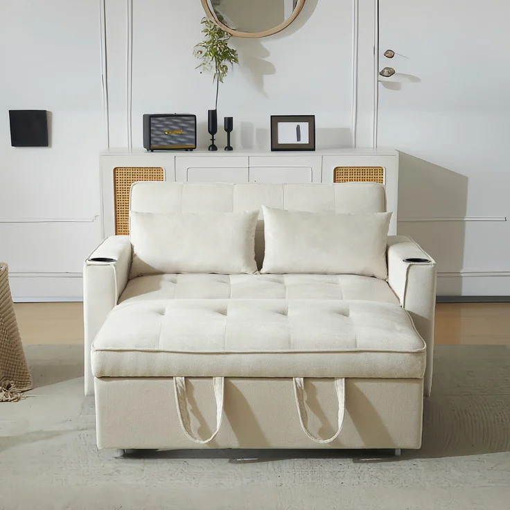 Schlafsofa 2-Sitzer mit verstellbarer Rückenlehne, Samtbezug & Getränkehaltern – Modernes Sofa mit Bettfunktion und Stauraum,Beige – Bild 6