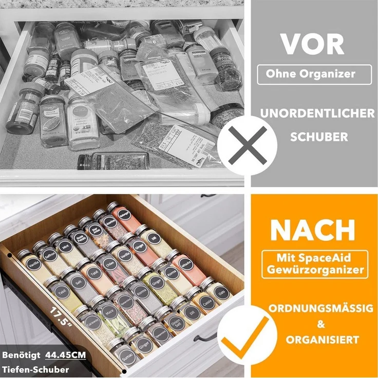 SpaceAid Gewürzregal 4 Etagen Gewürzregal Schubladen, 386 Gewürzetiketten, Kreidemarker und Trichter, 33 cm (B) x 44,5 cm (T)​ – Bild 2