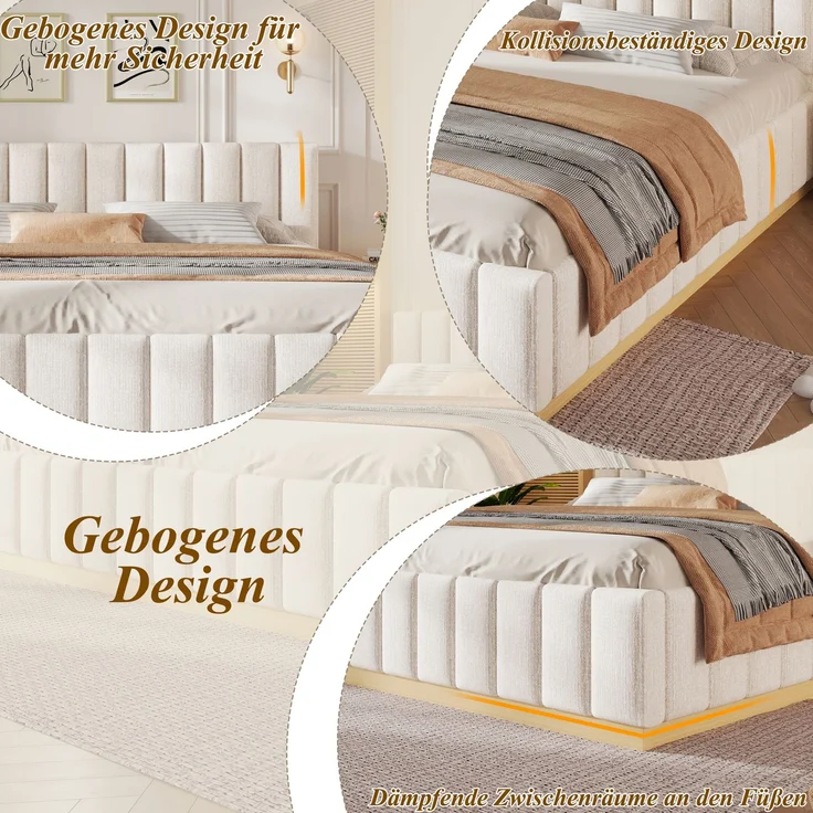 Polsterbett, Doppelbett, 180 x 200 cm, Bett mit Lattenrost, Kopfteil,Gepolstertes Kopfteil, Ohne Matratze, Beige Chenille – Bild 7