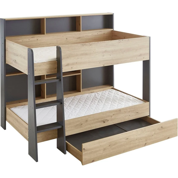 Relita Etagenbett Sely, viel Funktion auf kleinem Raum, 2 Liegeflächen, modernes Design (viele Regalfächer an der Bettrückseite, inkl. Schublade auf Rollen), viel Stauraum, pflegeleichte Melamin Oberfläche, 3 Farben zur Wahl – Bild 4