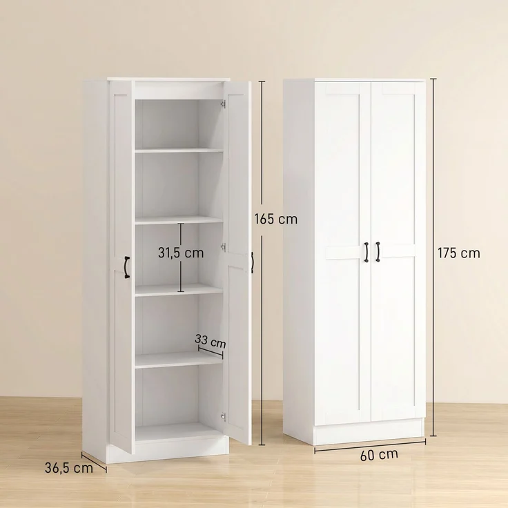 HOMCOM Küchenschrank, 2 Türen mit Soft-Close, 5 Einlegeböden davon 2 verstellbar, Spanplatte, Weiß, 60 x 36,5 x 175 cm, mit Kippschutz – Bild 3