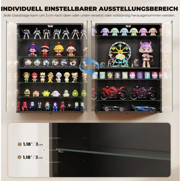 Hängevitrine 60x12x80 cm, Wandvitrine mit 6 verstellbaren Glasböden, LED-Beleuchtung und Sensor, Schwarz – Bild 7