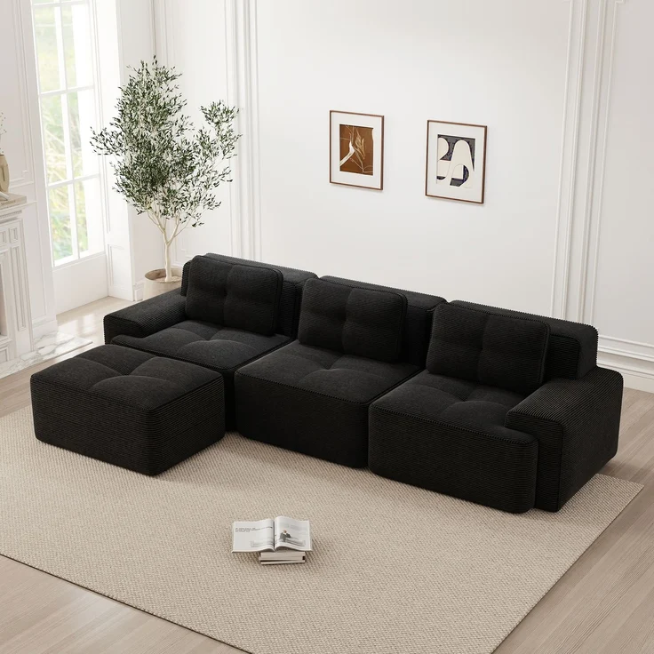 EINHOM Cloud Modulsofa Boneless L-förmiges Sofa, Modulares Sofa mit Ottoman, Modulares Cloud-Sofa, 3-Sitzer Corduroy-Cloud-Sofa für Wohnzimmer, Montagefreies Sofa, Schwarz – Bild 4