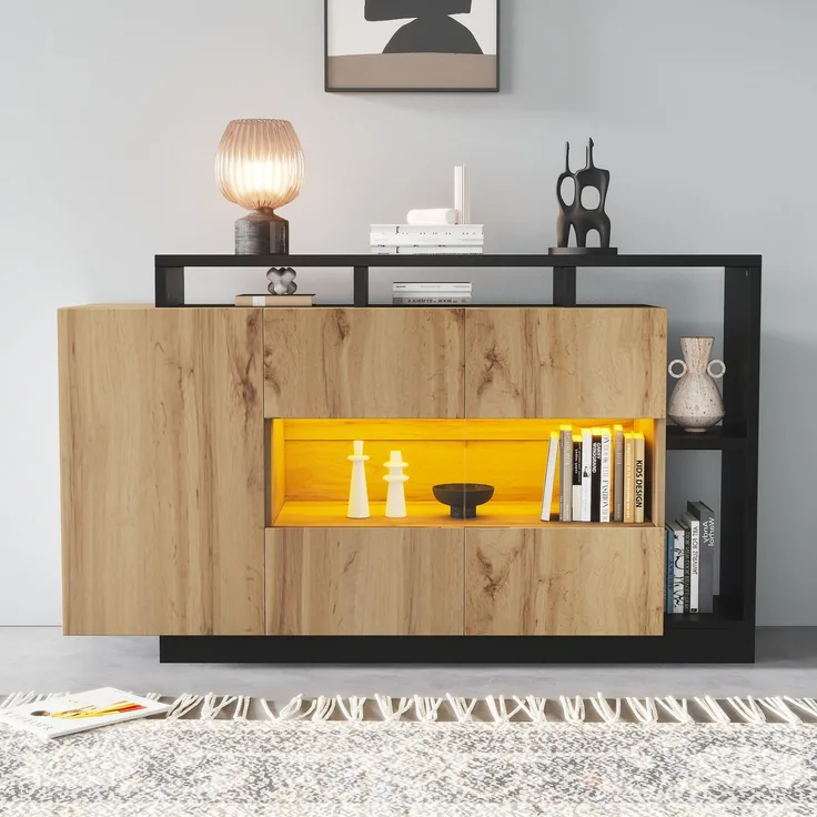 DESVIAE Sideboard mit LED-Beleuchtung 140 x 94 x 44 cm aus MDF und Acryl, Holzfarbe mit schwarzem Rahmen