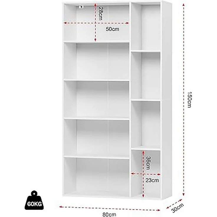 EUGAD Bücherregal, 1-tlg, mit 9 Fächern, freistehendes Regal, 80x150x30 cm, weiß – Bild 2