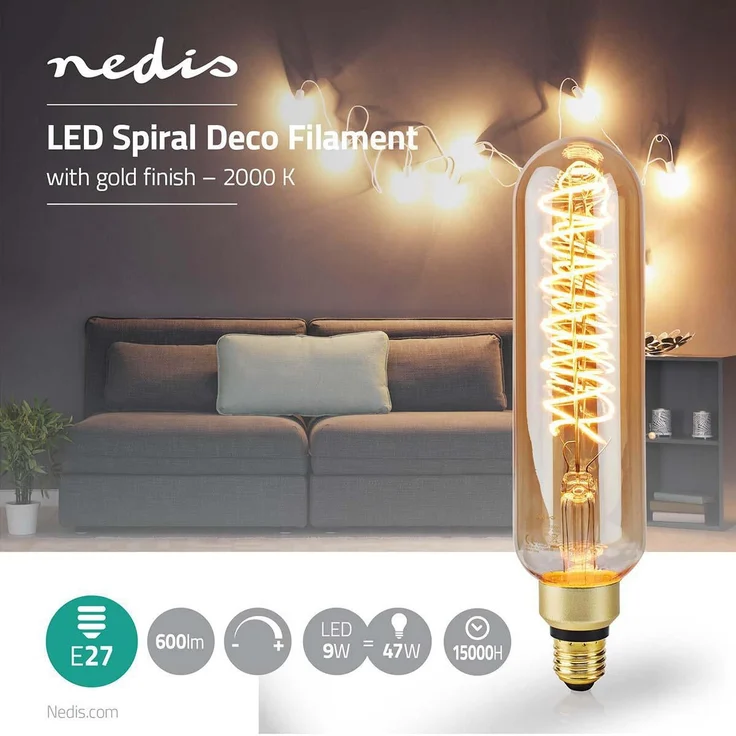 LED-Filament-Lampe E27 | T65 | 8.5 W | 600 lm | 2000 K | Dimmbar | Mit Gold Finish | Retro Style | 1 Stück – Bild 2