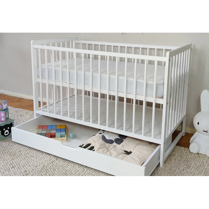 Babybett mit Schublade Kinderbett Gitterbett 60x120 höhenverstellbar & herausnehmbare Sprossen | weiss sehr stabil Made in Europe