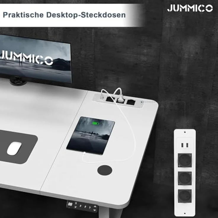 JUMMICO Höhenverstellbarer Schreibtisch 180x80 cm mit Kabelloser Ladestation und Euro-Steckdose mit USB, Schreibtisch Höhenverstellbar Elektrisch Stehtisch, Standing Desk Weiß – Bild 4