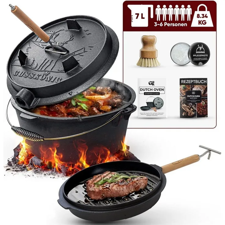 GUSSKÖNIG Grilltopf GUSSKÖNIG Dutch Oven Topf mit Füßen 7Liter+Pflegepaste