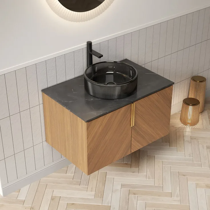 Wandhängender Bad-Waschtisch 76 x 50 x 52,6 cm mit Glasbecken, Sintersteinplatte und 2 Türen
