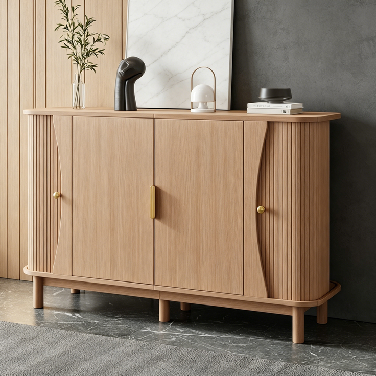 DESVIAE Sideboard Naturfarben aus MDF – 140x88x40 cm – 2 Rollotüren, verstellbarer Einlegeboden – Bild 3