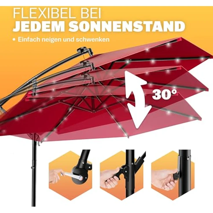 Kingsleeve Sonnenschirm 300 cm LED Beleuchtet UV Schutz 80+ Schutzhülle Kurbel Ampelschirm Rot – Bild 7