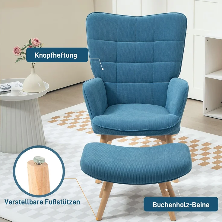 Sessel mit Hocker, Ohrensessel mit Hoher Rückenlehne, Holzbeine, Loungesessel mit getuftetem Design, Cord-Optik, für Wohnzimmer, Blau--Blau--72x80x101cm--YOUDENOVA – Bild 5