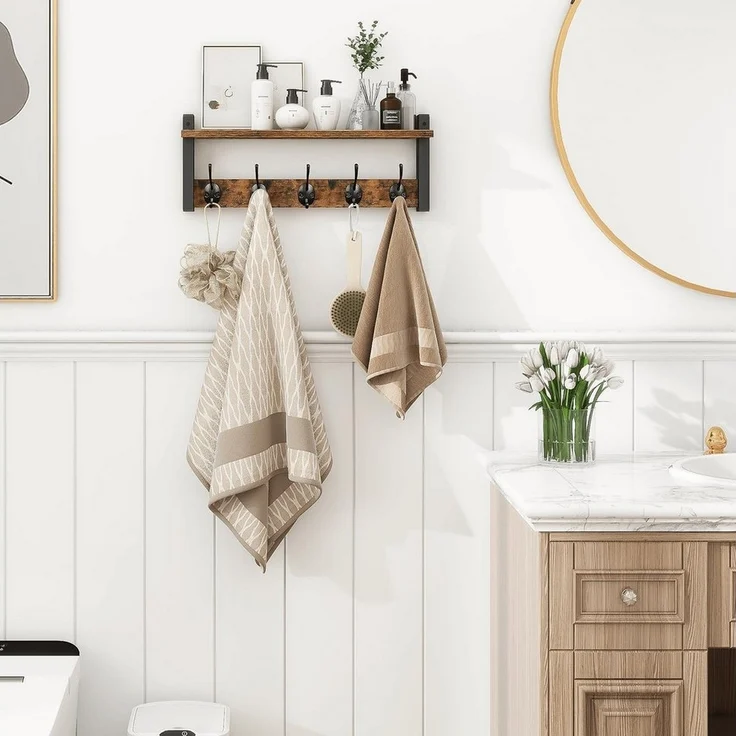 SURFOU Wandhaken Wandhaken mit Regal – Garderobenleiste Holz mit 5 Haken, Wandgarderobe, (Wandmontiertes Garderobenpaneel aus Holz & Metall (braun/schwarz) – Für Flur, Kinderzimmer & Bad, inkl. Montagematerial, 1-St, 41,5 cm Garderobe, Schlüsselbrett, ... – Bild 2