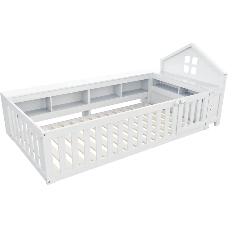 Kinder Hausbett aus Massivholz mit Stauraum, Sicherheitsgeländer & kleiner Tür,mit Dachdesign, Fensteroptik & Regalfächern,Weiß – Bild 6