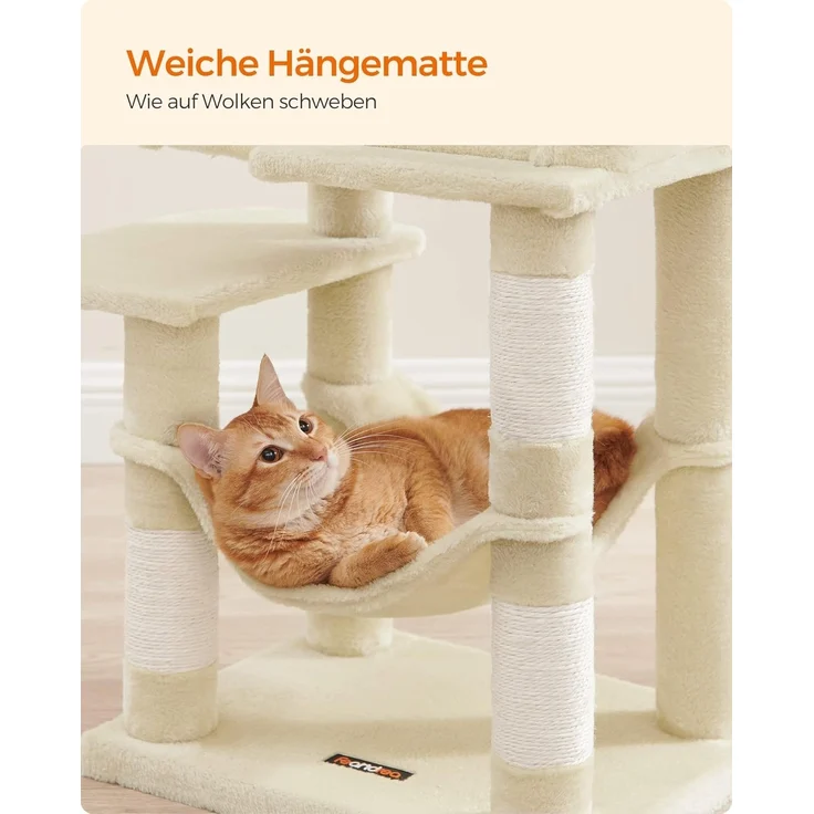 Feandrea Kratzbaum, 112 cm hoch, Katzenbaum, mehrstöckiges Katzenhaus, mit 4 Kratzsäulen, 2 Plattformen, Hängematte, Höhle, beige PCT261M01 – Bild 6
