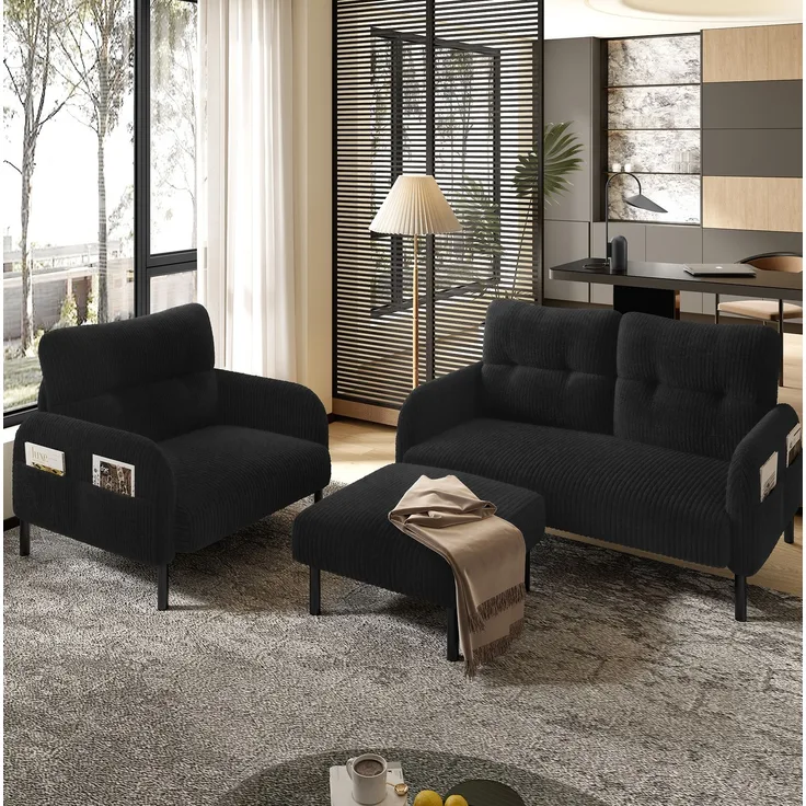 Sofa-Set 120x75x79 cm aus Cord mit Sessel und Hocker – 3-teilig, flexibel kombinierbar