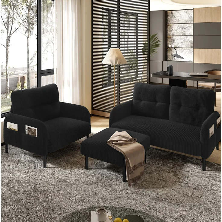 Sofa-Set 120x75x79 cm aus Cord mit Sessel und Hocker – 3-teilig, flexibel kombinierbar – Bild 1